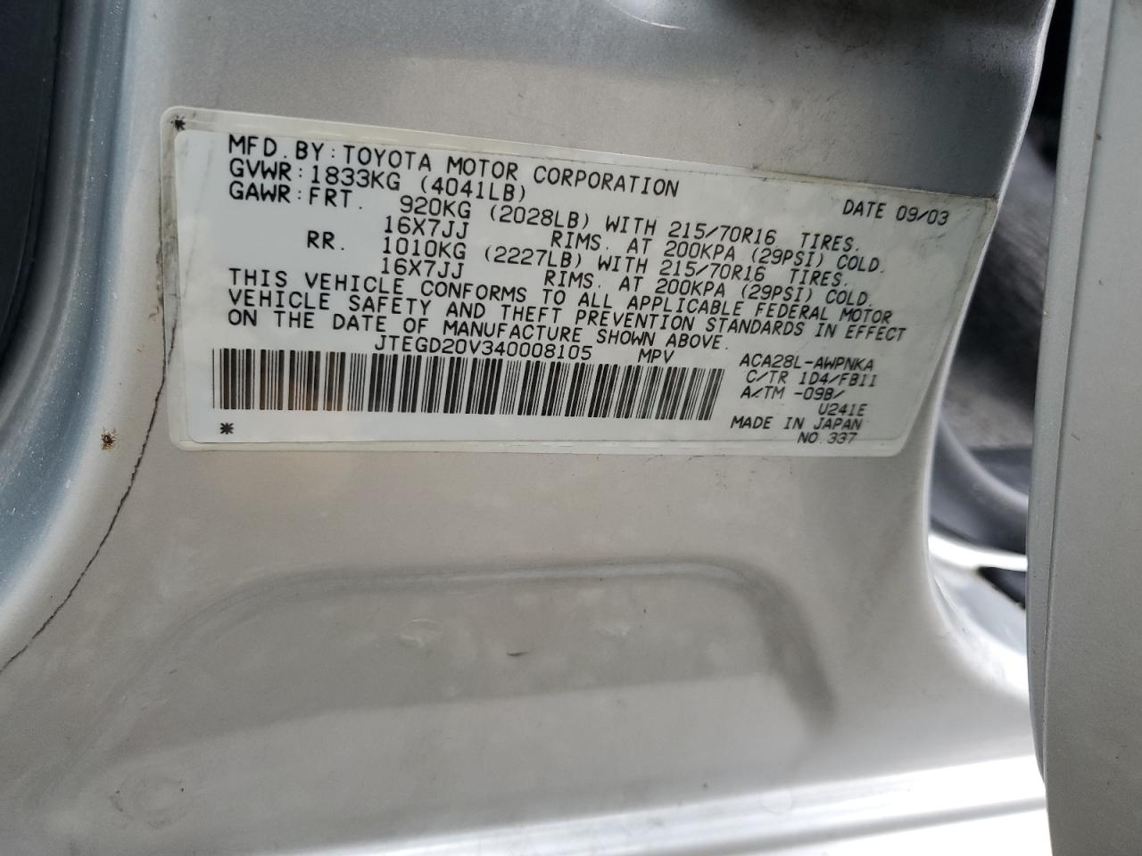 2004 Toyota Rav4 VIN: JTEGD20V340008105 Lot: 55357795