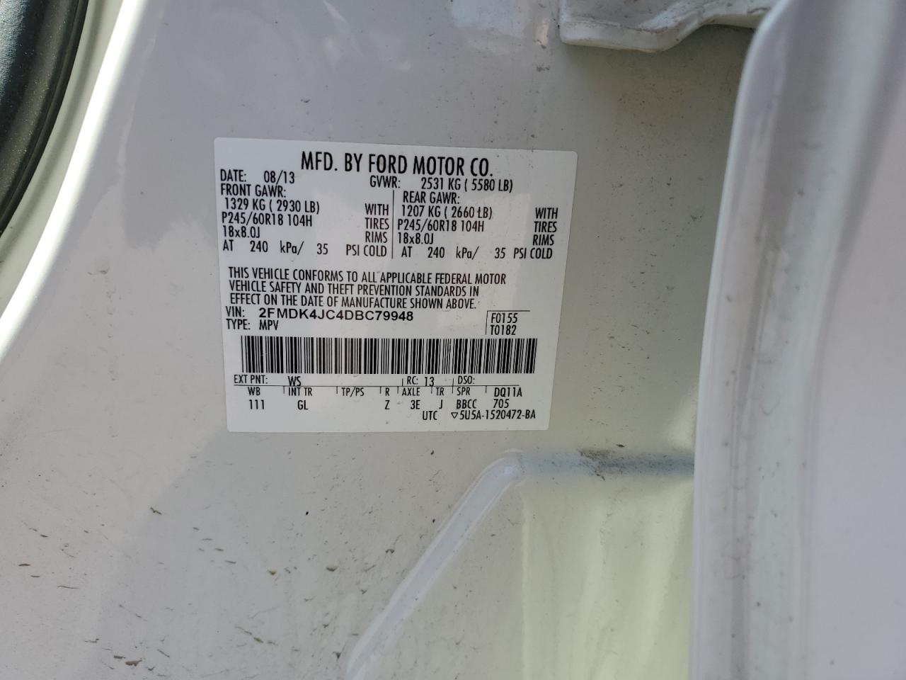 2013 Ford Edge Sel VIN: 2FMDK4JC4DBC79948 Lot: 56902125