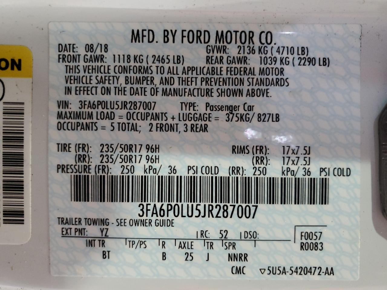 2018 Ford Fusion Se Hybrid VIN: 3FA6P0LU5JR287007 Lot: 58976785