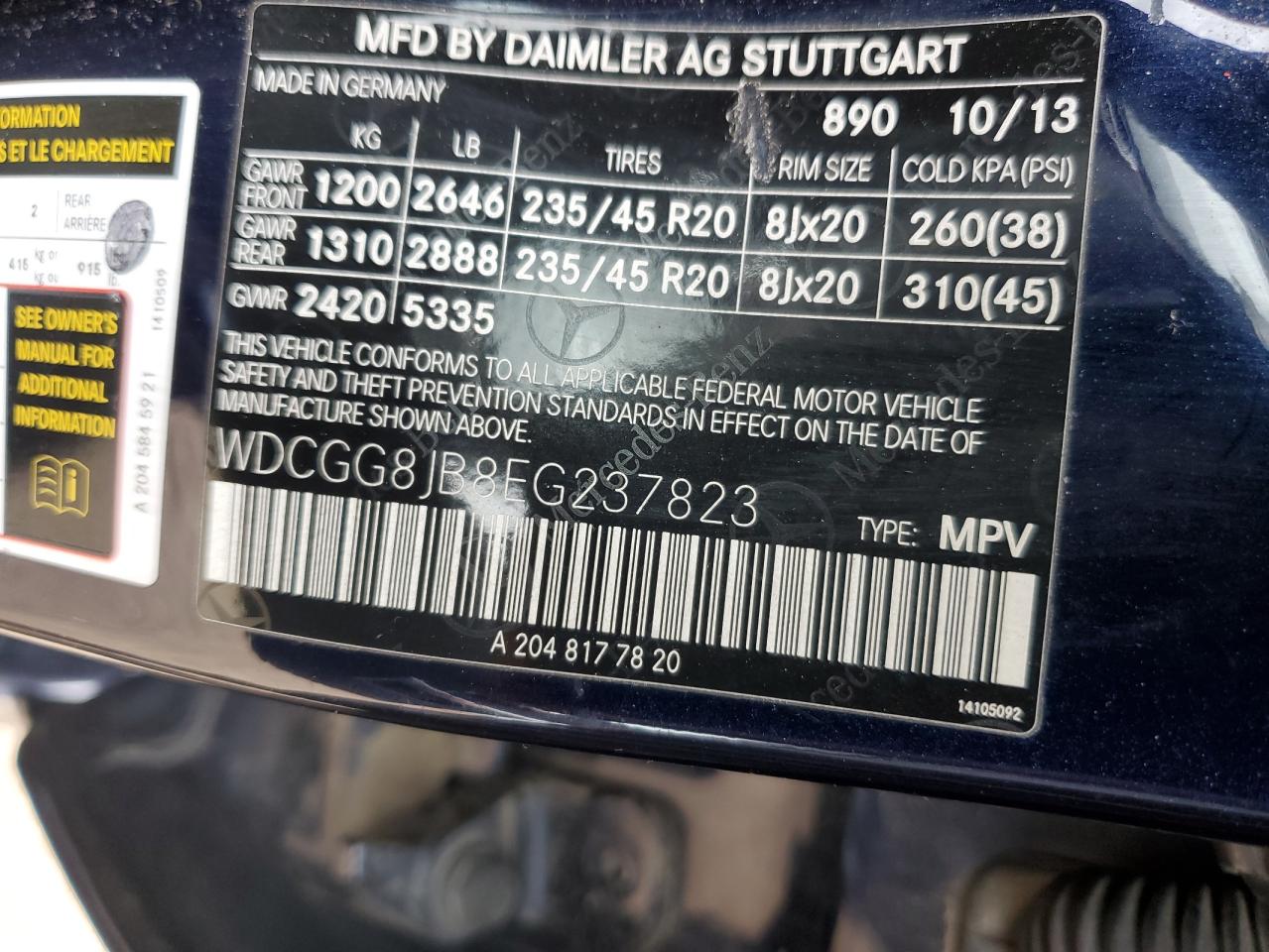 2014 Mercedes-Benz Glk 350 4Matic VIN: WDCGG8JB8EG237823 Lot: 57077245