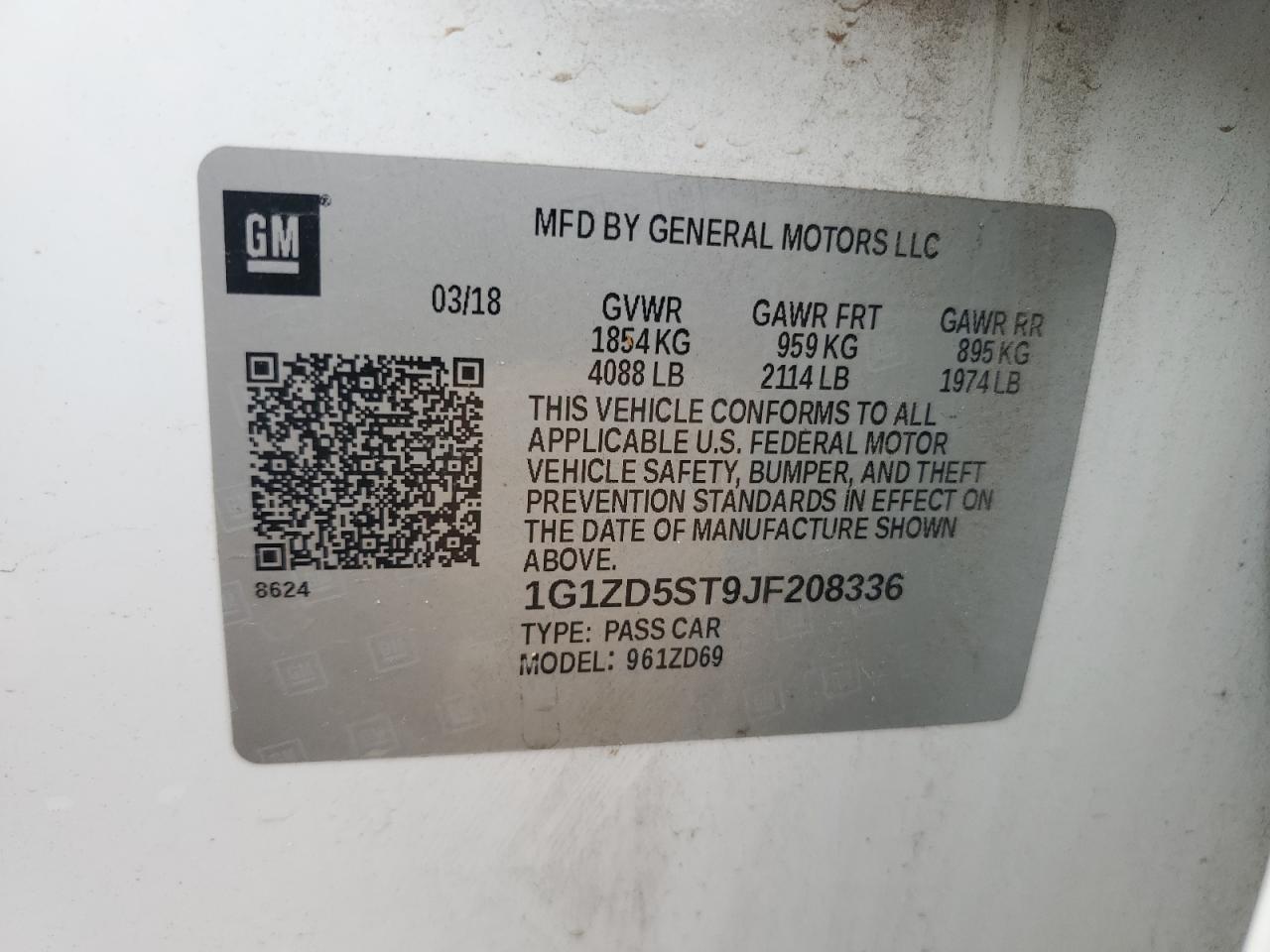 2018 Chevrolet Malibu Lt VIN: 1G1ZD5ST9JF208336 Lot: 58961695
