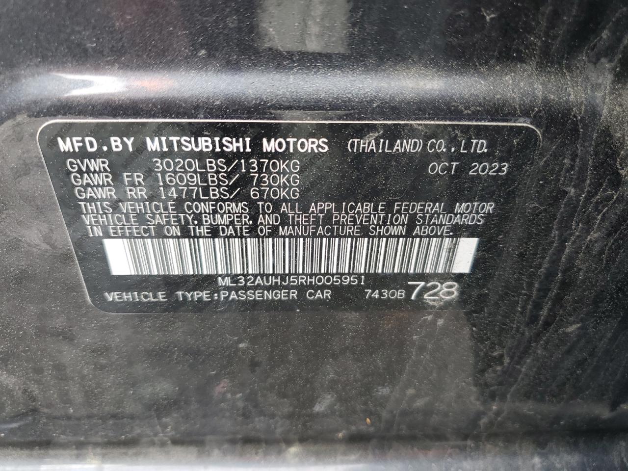 2024 Mitsubishi Mirage Es VIN: ML32AUHJ5RH005951 Lot: 55593405