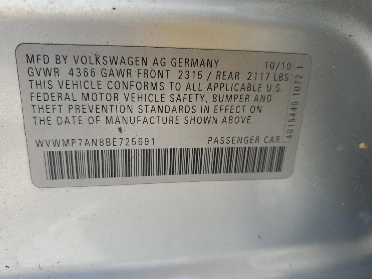 2011 Volkswagen Cc Sport VIN: WVWMP7AN8BE725691 Lot: 56953685