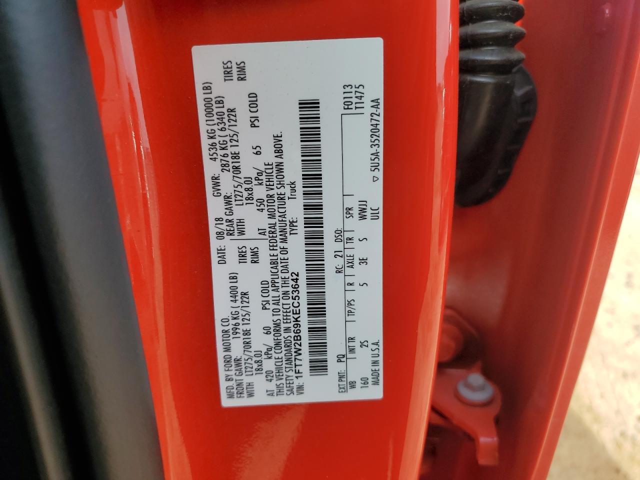 2019 Ford F250 Super Duty VIN: 1FT7W2B69KEC53642 Lot: 57413375