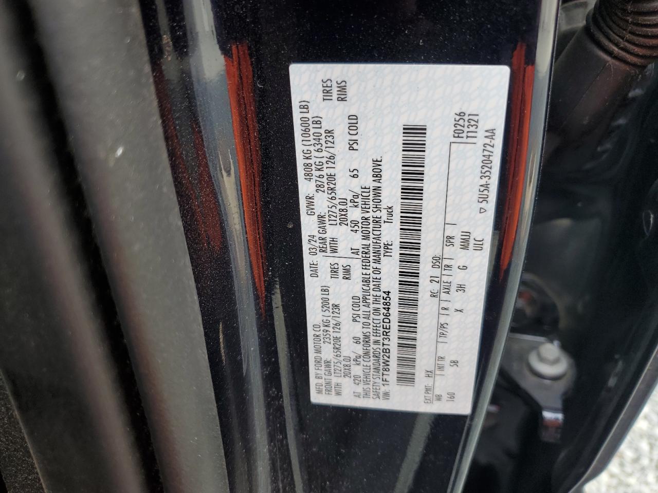 2024 Ford F250 Super Duty VIN: 1FT8W2BT3RED64854 Lot: 55798785