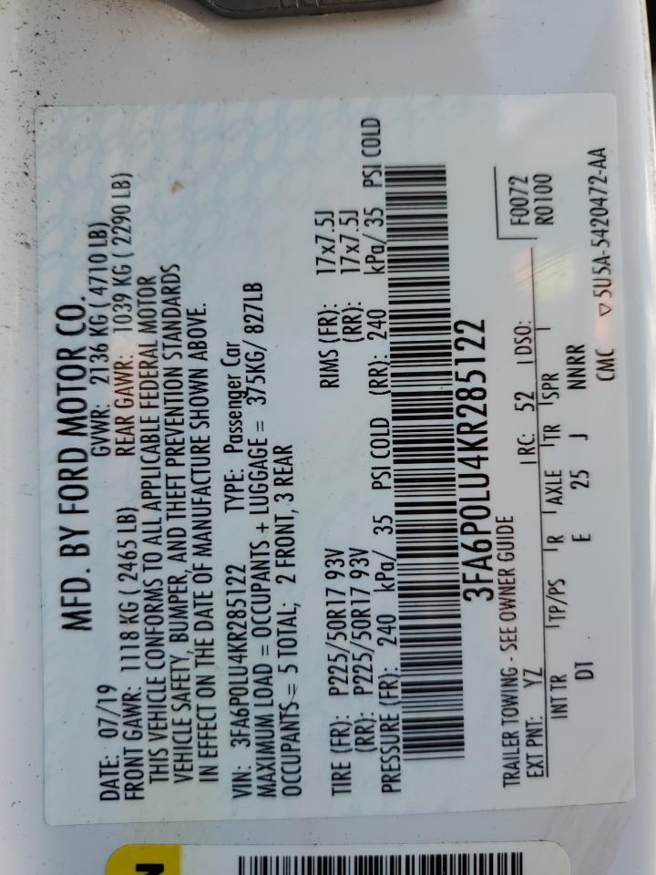 2019 Ford Fusion Se VIN: 3FA6P0LU4KR285122 Lot: 54022785