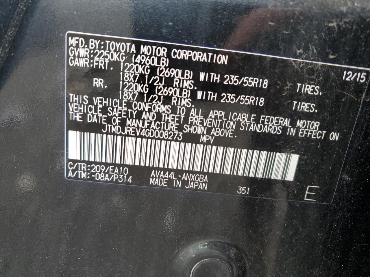 JTMDJREV4GD008273 TOYOTA RAV4 2016