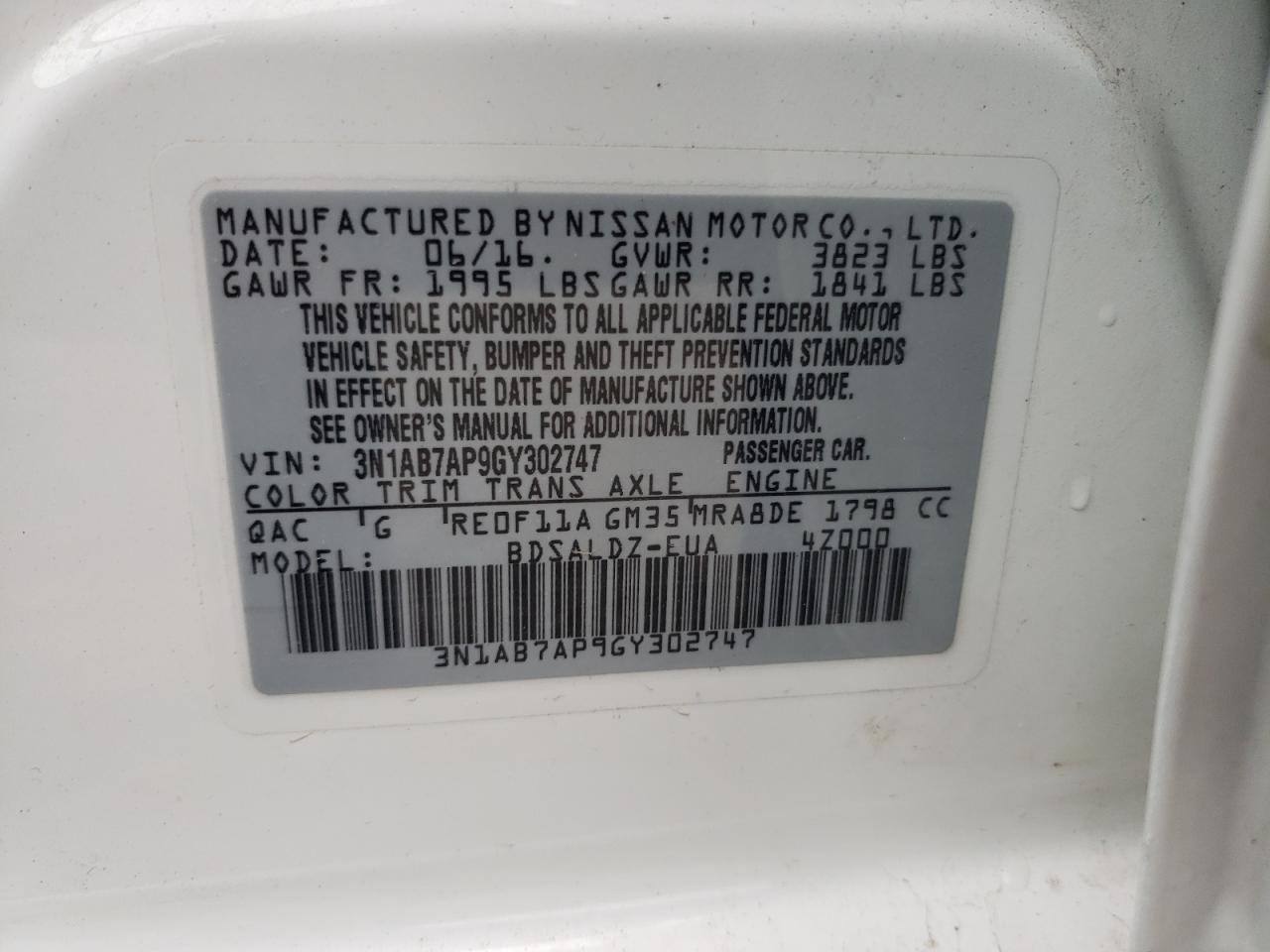 3N1AB7AP9GY302747 NISSAN SENTRA 2016