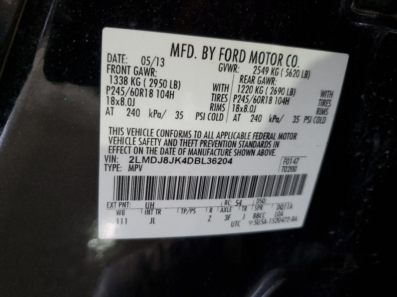 2013 Lincoln Mkx VIN: 2LMDJ8JK4DBL36204 Lot: 56537965