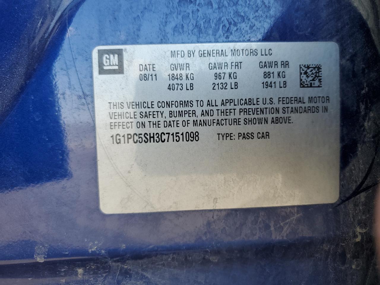 2012 Chevrolet Cruze Ls VIN: 1G1PC5SH3C7151098 Lot: 55977565