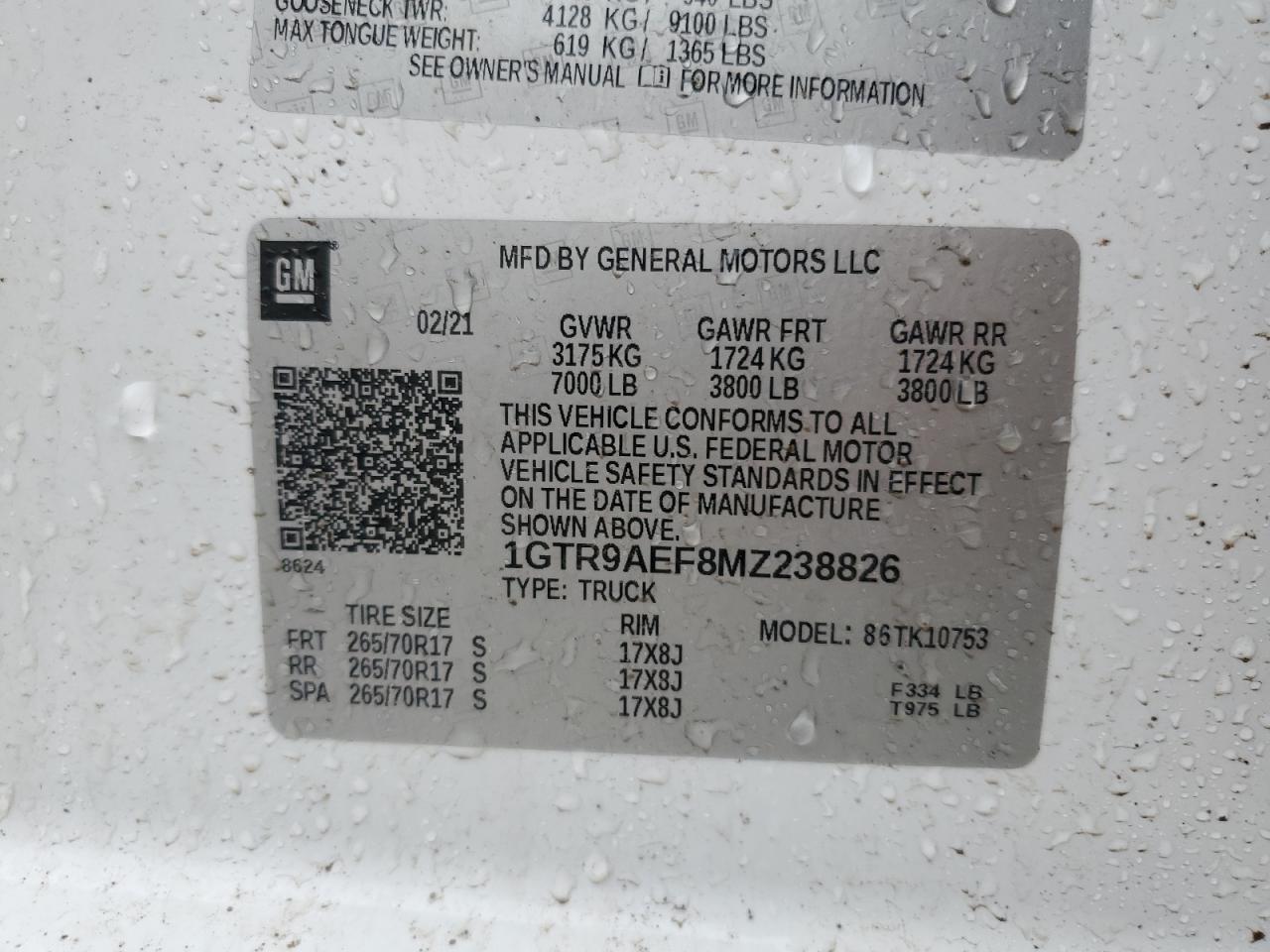 2021 GMC Sierra K1500 VIN: 1GTR9AEF8MZ238826 Lot: 54780265