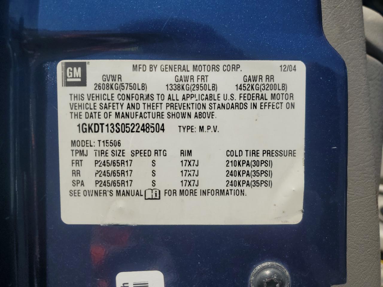 2005 GMC Envoy VIN: 1GKDT13S052248504 Lot: 56995165
