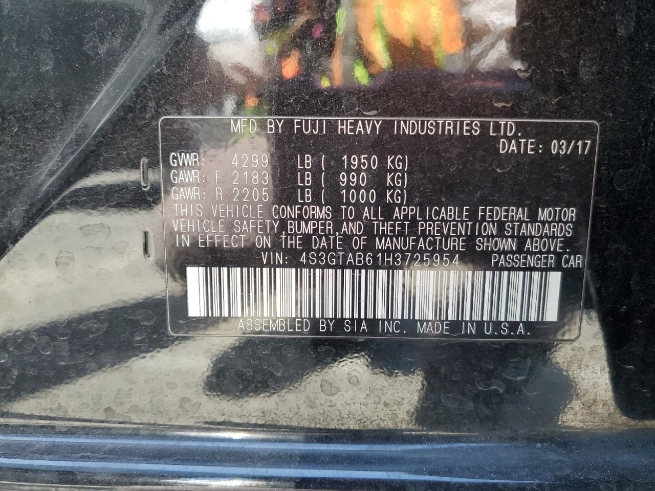 2017 Subaru Impreza Premium VIN: 4S3GTAB61H3725954 Lot: 57256475