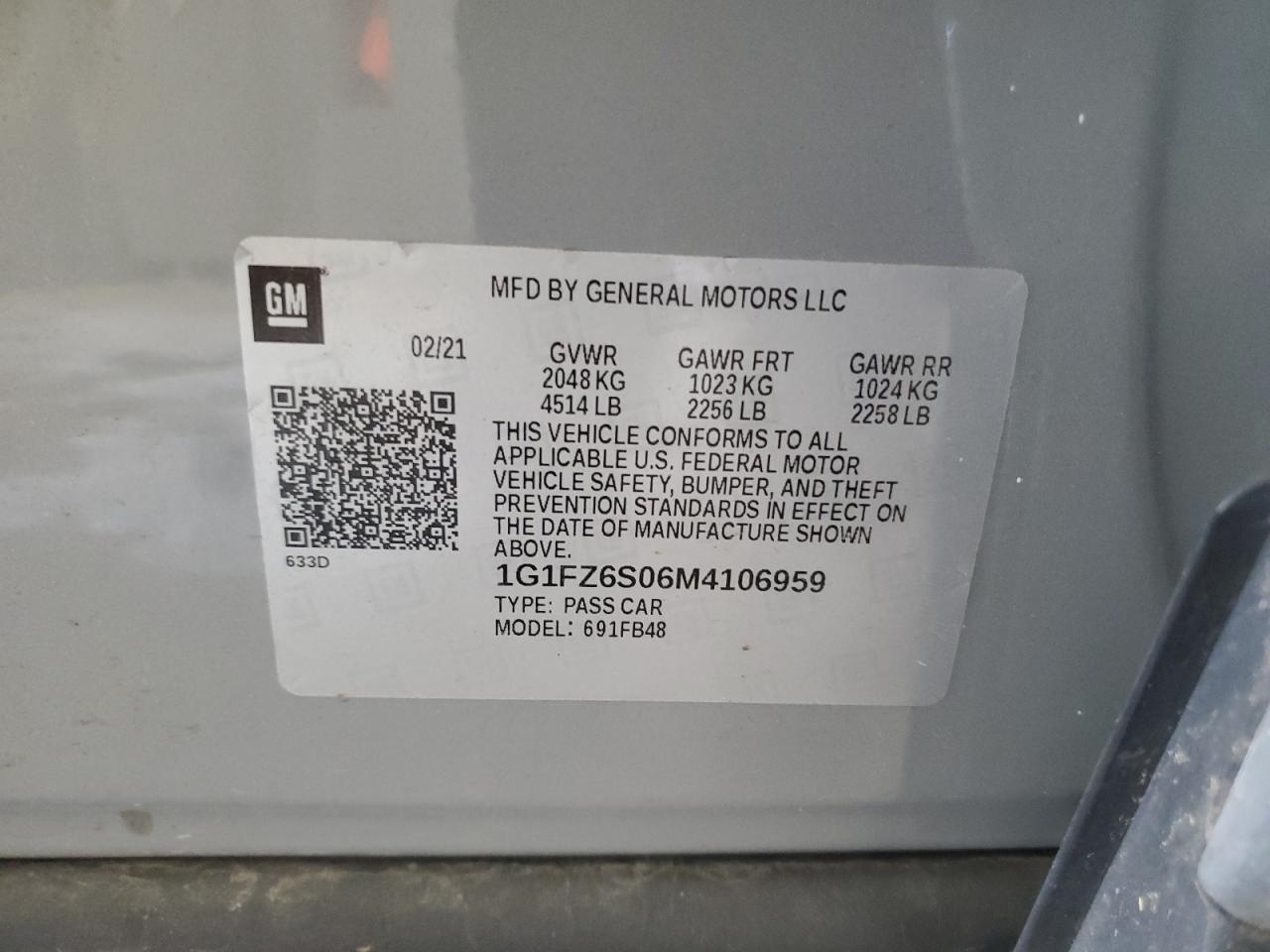 2021 Chevrolet Bolt Ev Premier VIN: 1G1FZ6S06M4106959 Lot: 55981405
