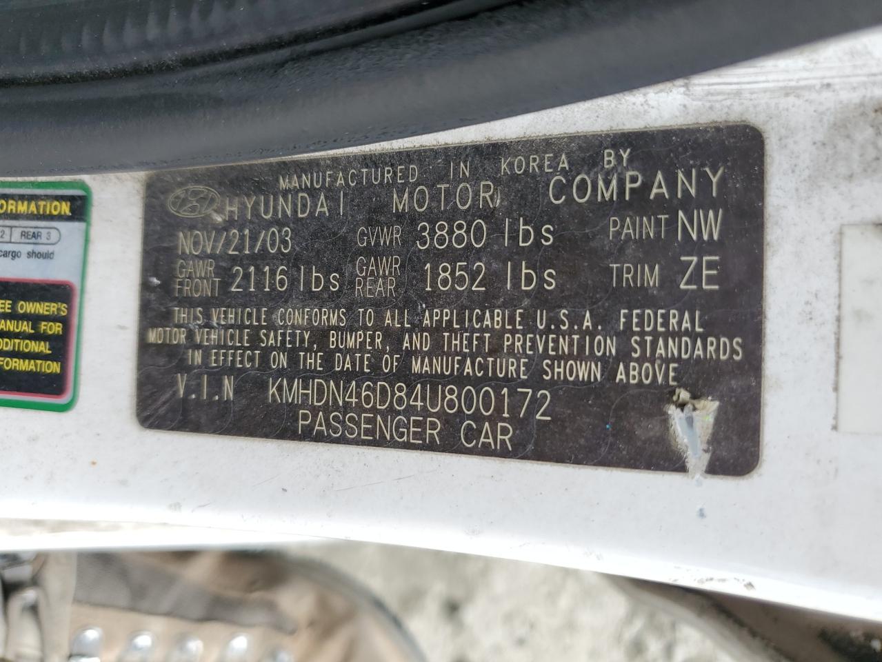 2004 Hyundai Elantra Gls VIN: KMHDN46D84U800172 Lot: 57239785
