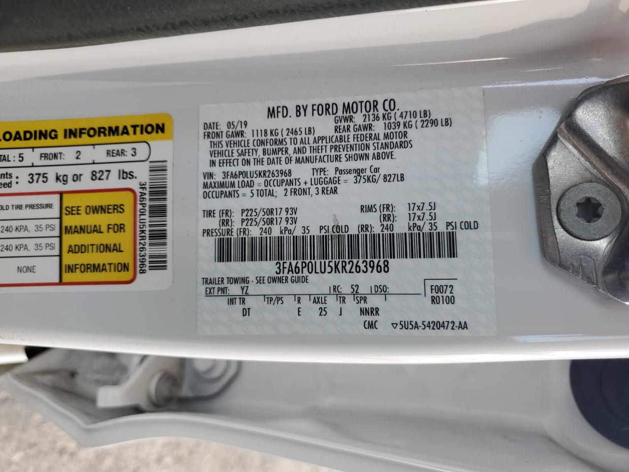 2019 Ford Fusion Se VIN: 3FA6P0LU5KR263968 Lot: 54031345