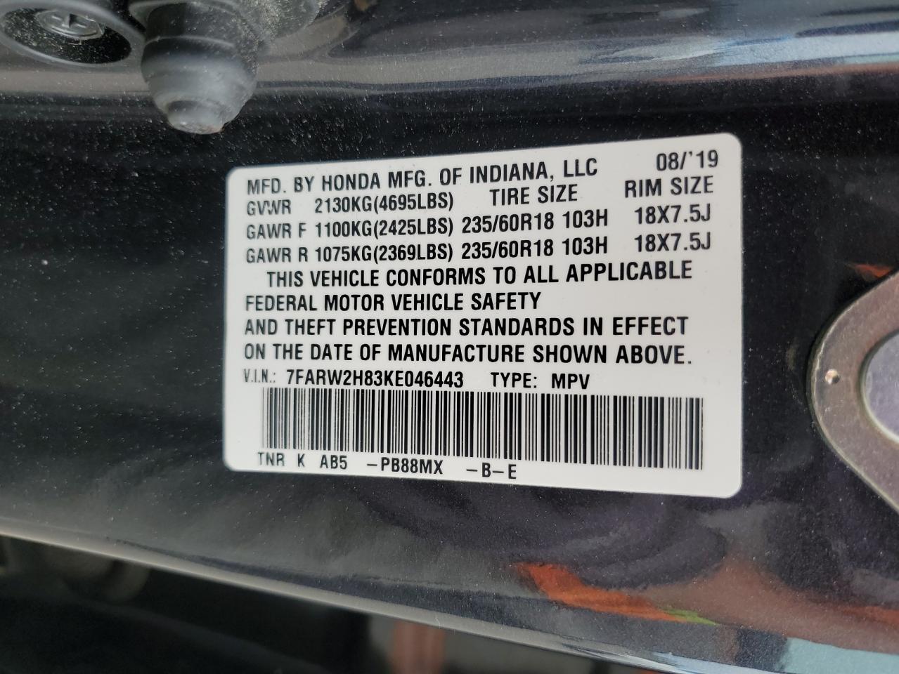 2019 Honda Cr-V Exl VIN: 7FARW2H83KE046443 Lot: 57686945