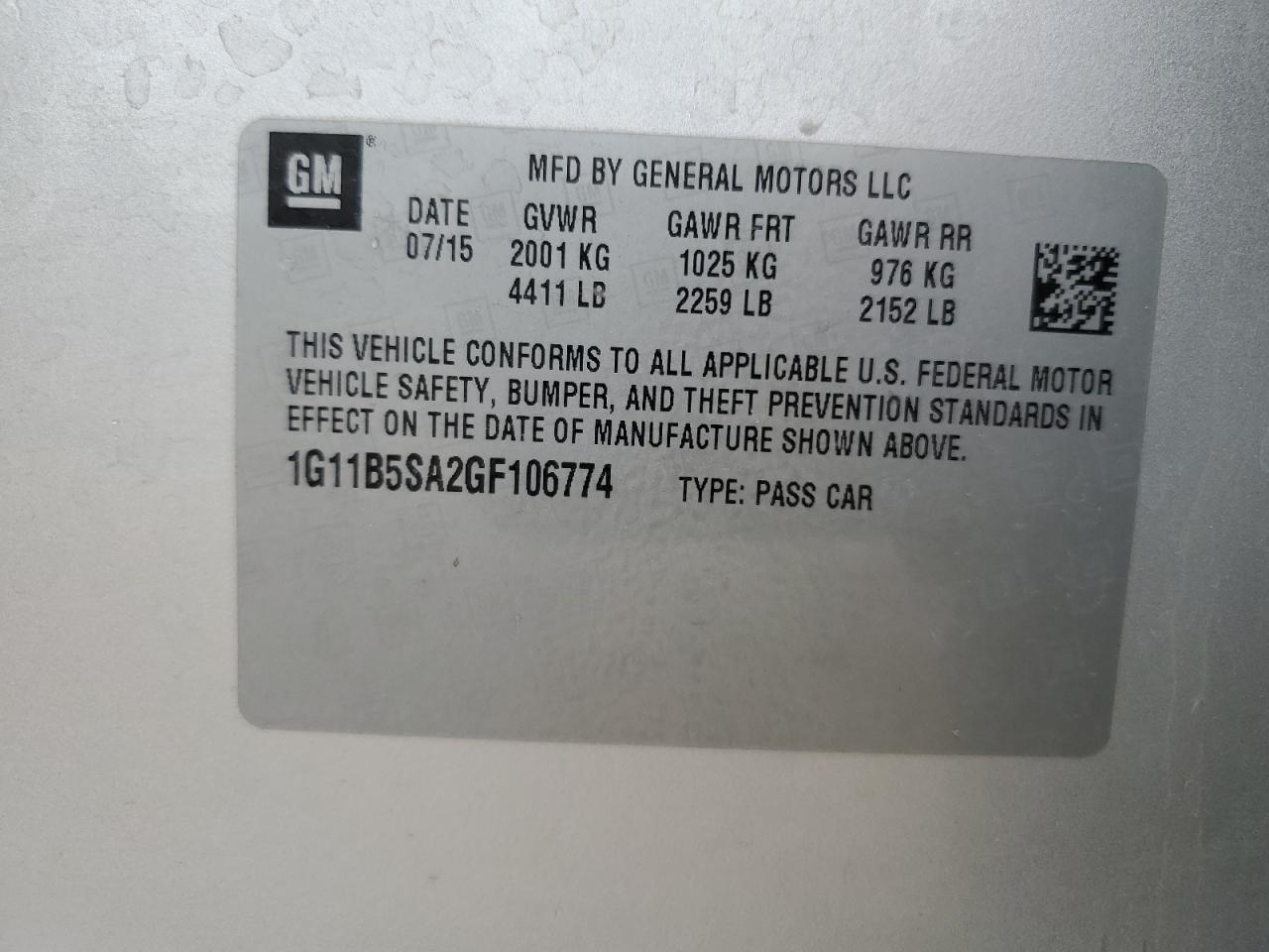 1G11B5SA2GF106774 CHEVROLET MALIBU 2016