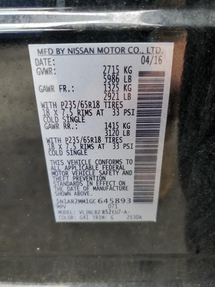 2016 Nissan Pathfinder S VIN: 5N1AR2MM1GC645893 Lot: 56866765