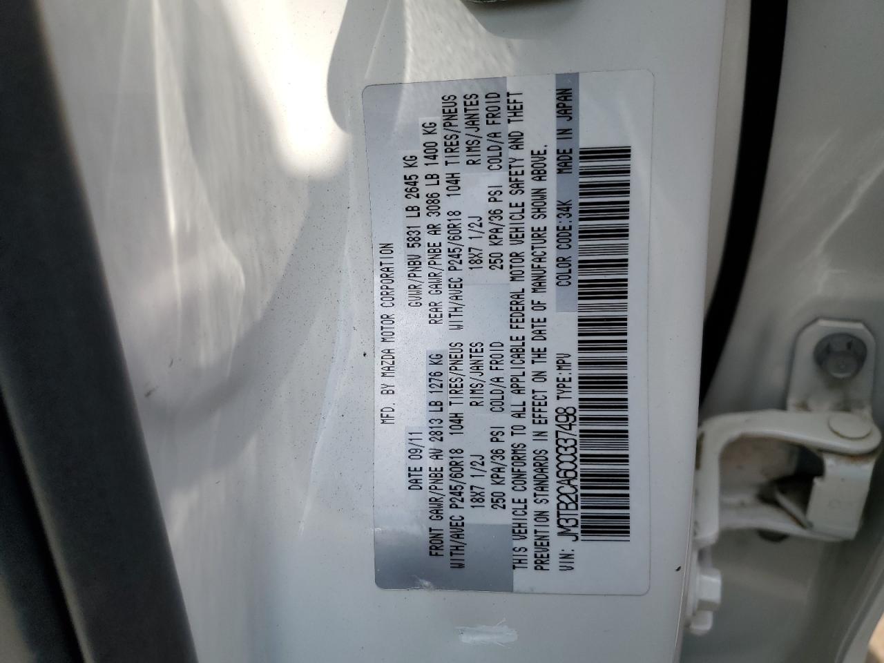 2012 Mazda Cx-9 VIN: JM3TB2CA6C0337498 Lot: 55632015