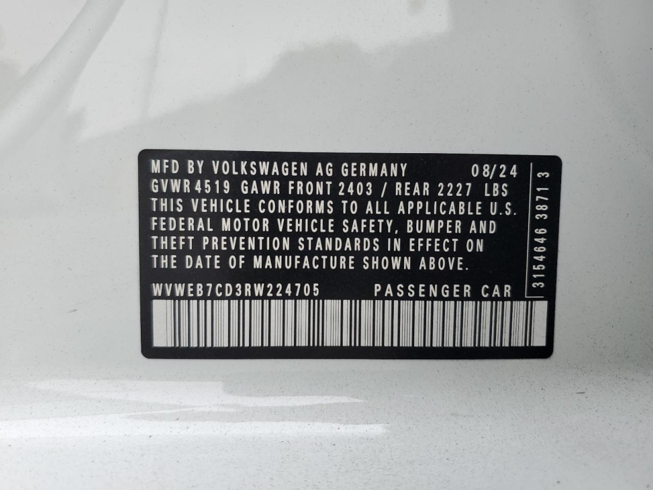 2024 Volkswagen Golf R VIN: WVWEB7CD3RW224705 Lot: 57357035