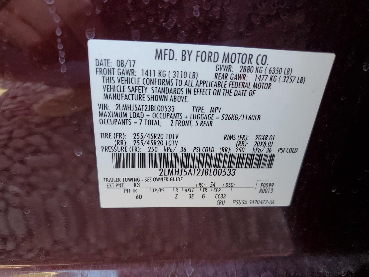 2018 Lincoln Mkt VIN: 2LMHJ5AT2JBL00533 Lot: 57588595