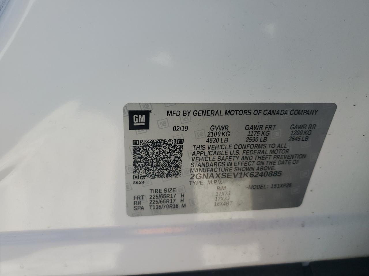 2GNAXSEV1K6240885 CHEVROLET EQUINOX 2019