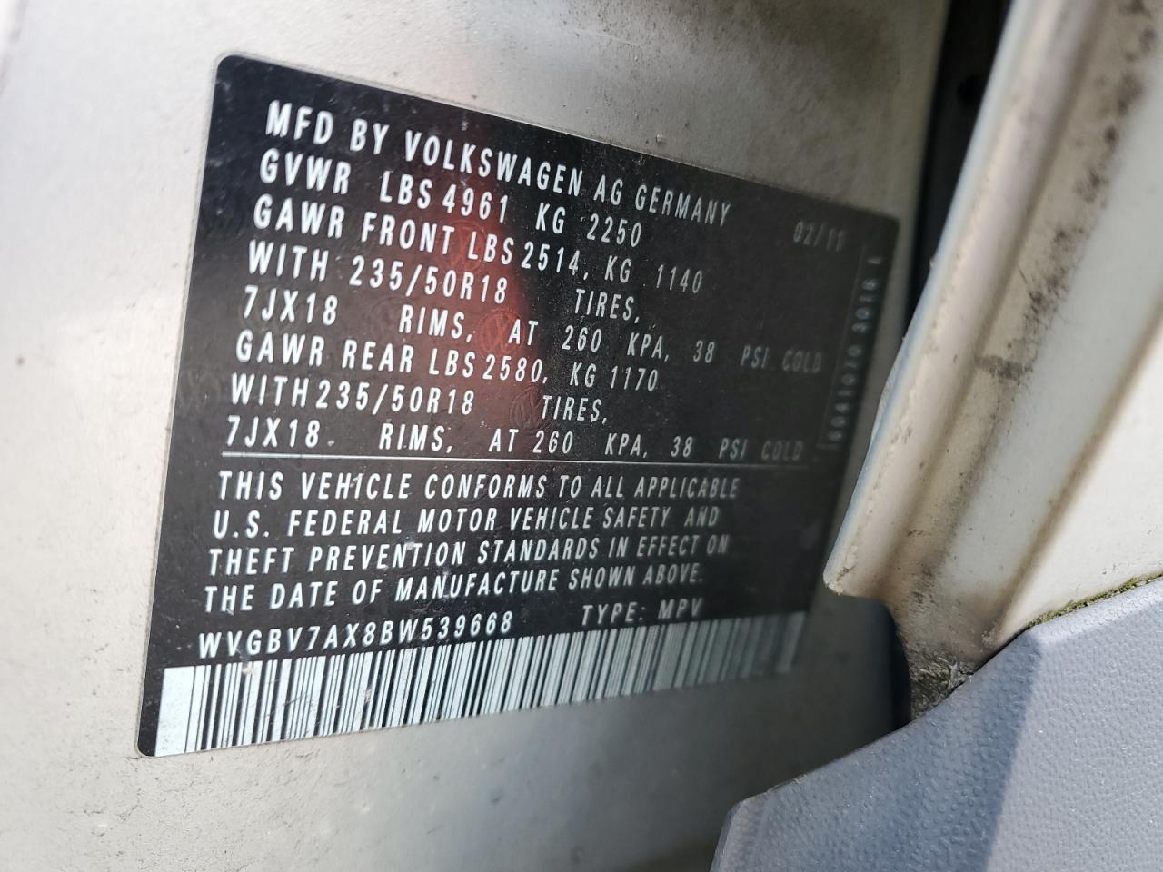 2011 Volkswagen Tiguan S VIN: WVGBV7AX8BW539668 Lot: 56858575
