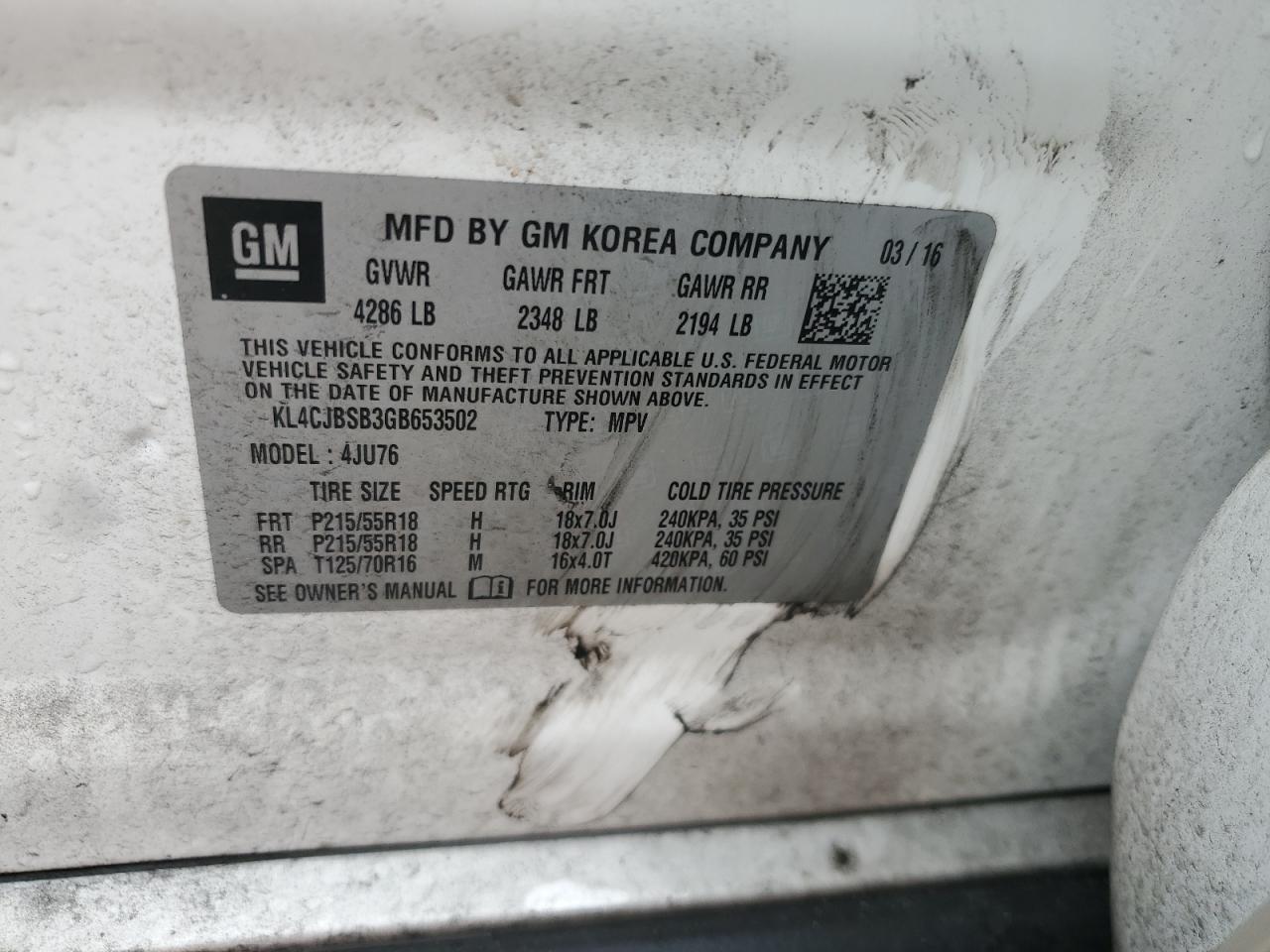 2016 Buick Encore Convenience VIN: KL4CJBSB3GB653502 Lot: 56346285