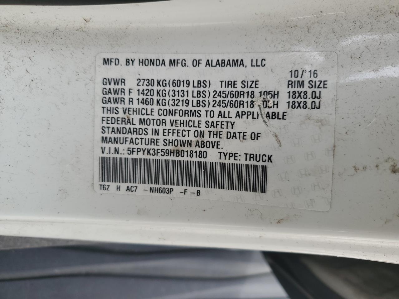 5FPYK3F59HB018180 HONDA RIDGELINE 2017