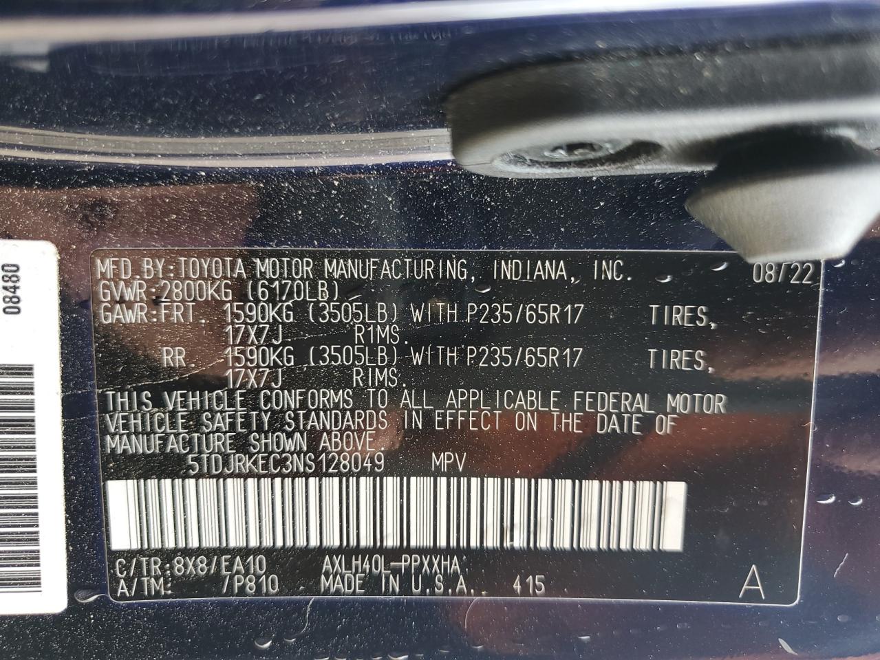 2022 Toyota Sienna Xle VIN: 5TDJRKEC3NS128049 Lot: 57020625