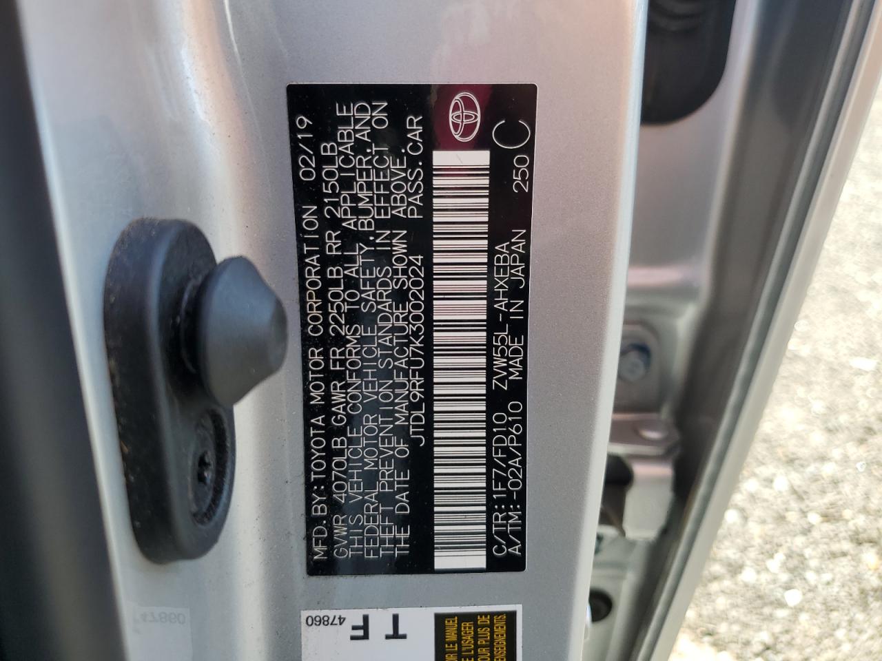 JTDL9RFU7K3002024 TOYOTA PRIUS 2019