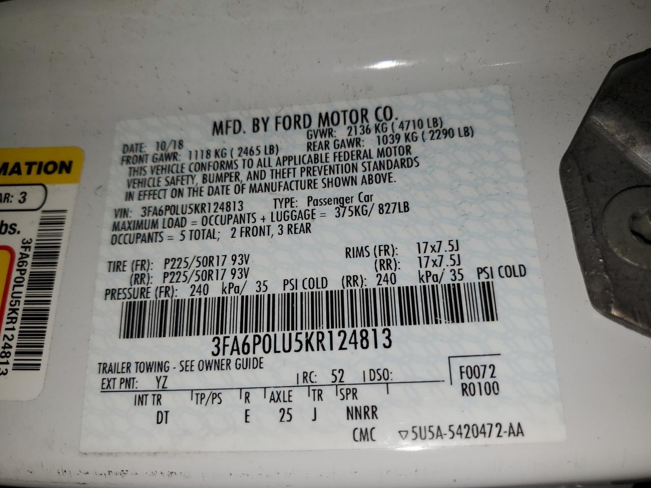 2019 Ford Fusion Se VIN: 3FA6P0LU5KR124813 Lot: 55386375