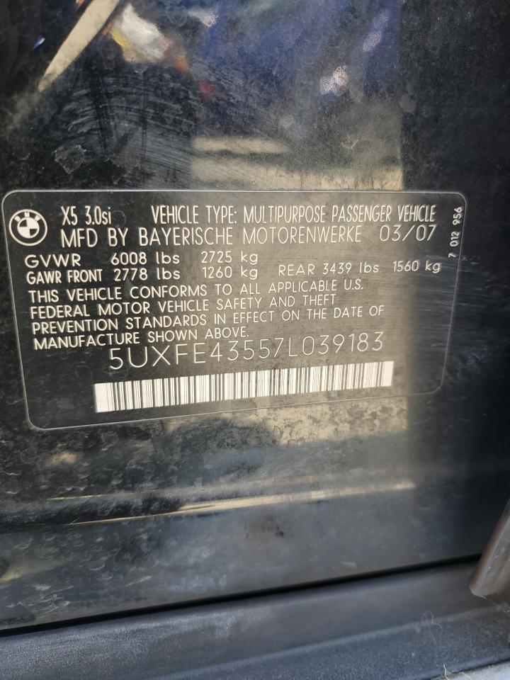 2007 BMW X5 3.0I VIN: 5UXFE43557L039183 Lot: 58968195
