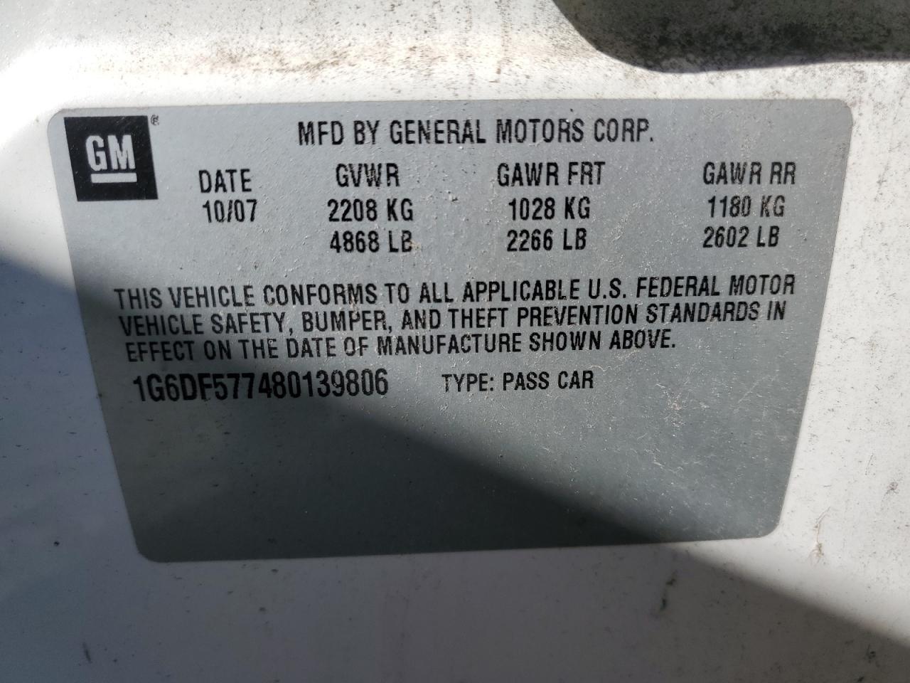 2008 Cadillac Cts VIN: 1G6DF577480139806 Lot: 55249525