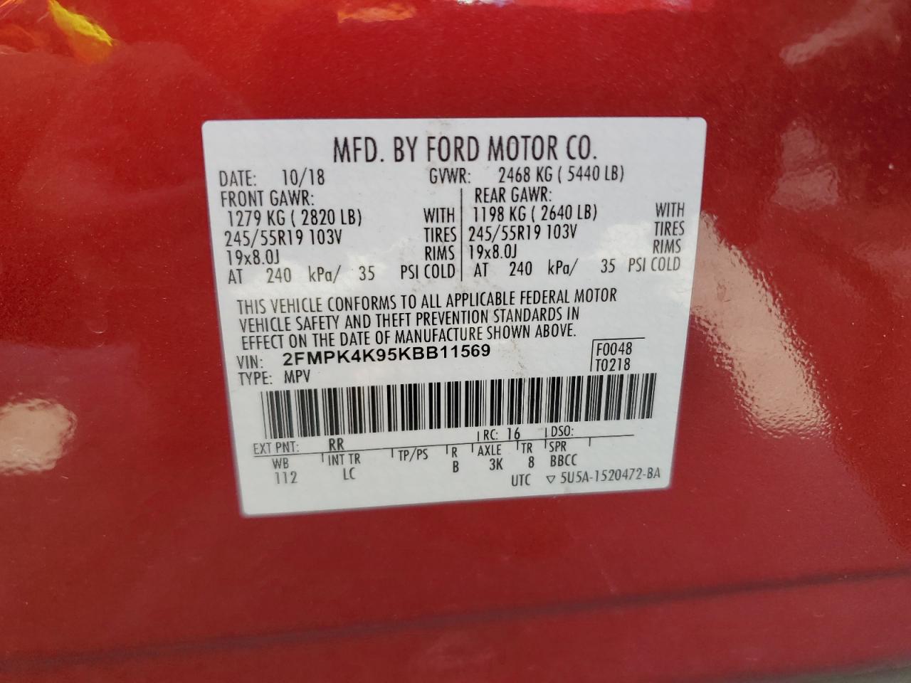 2019 Ford Edge Titanium VIN: 2FMPK4K95KBB11569 Lot: 55422035