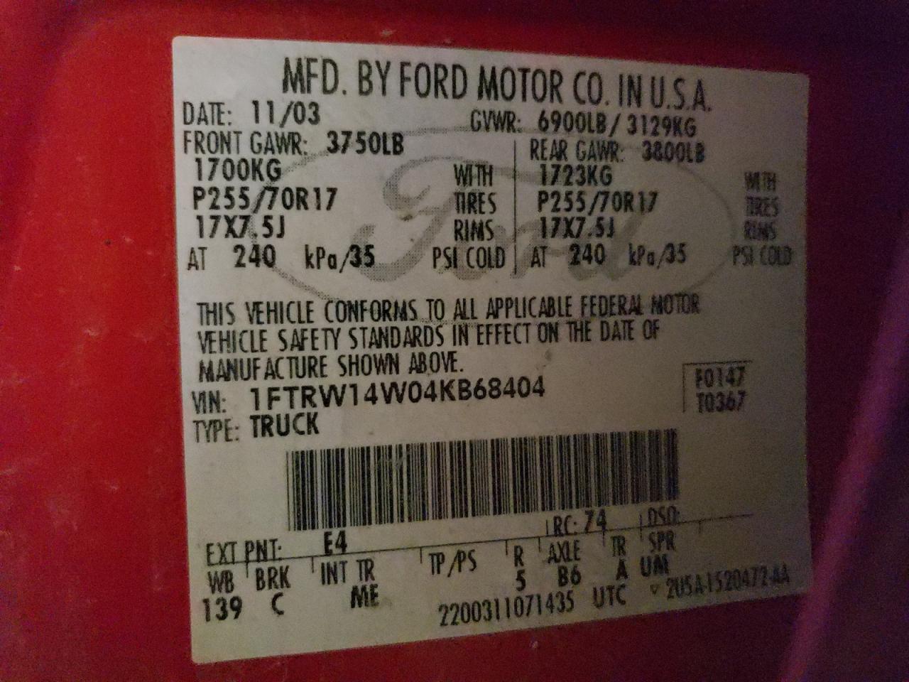 2004 Ford F150 Supercrew VIN: 1FTRW14W04KB68404 Lot: 56980045