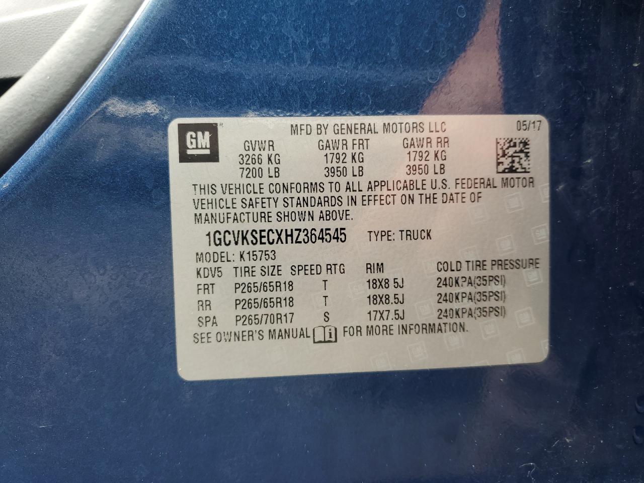 2017 Chevrolet Silverado K1500 Ltz VIN: 1GCVKSECXHZ364545 Lot: 57020195