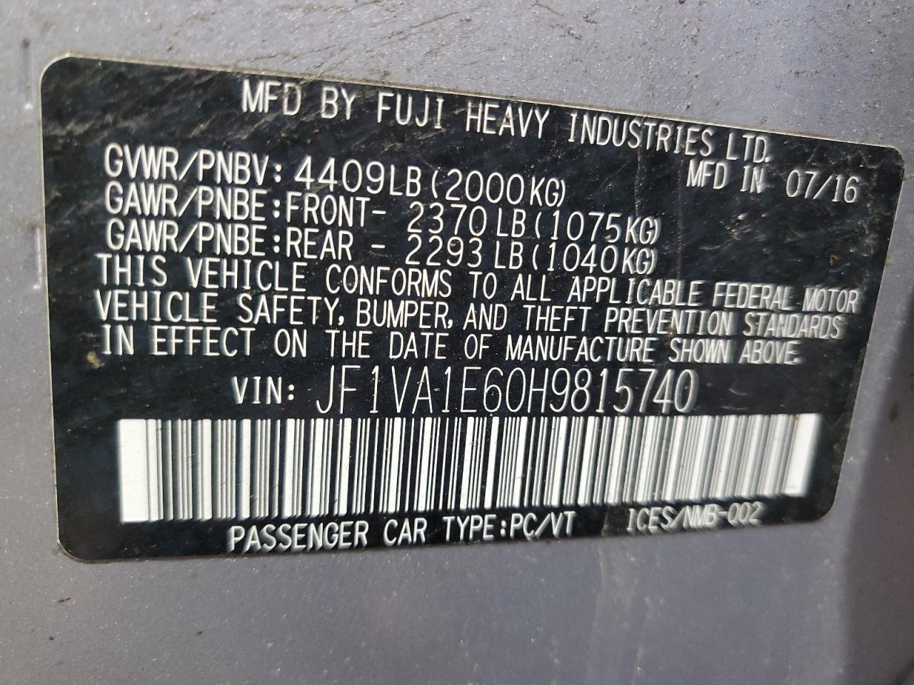 2017 Subaru Wrx Premium VIN: JF1VA1E60H9815740 Lot: 57406155
