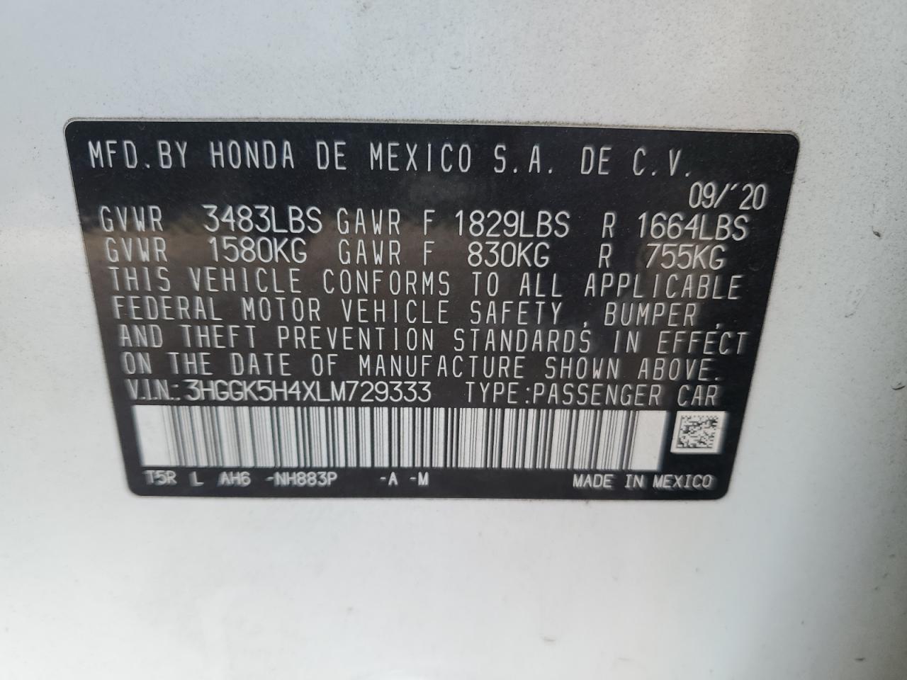 2020 Honda Fit Lx VIN: 3HGGK5H4XLM729333 Lot: 54335775