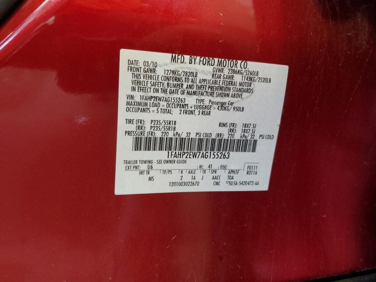 2010 Ford Taurus Sel VIN: 1FAHP2EW7AG155263 Lot: 56429805