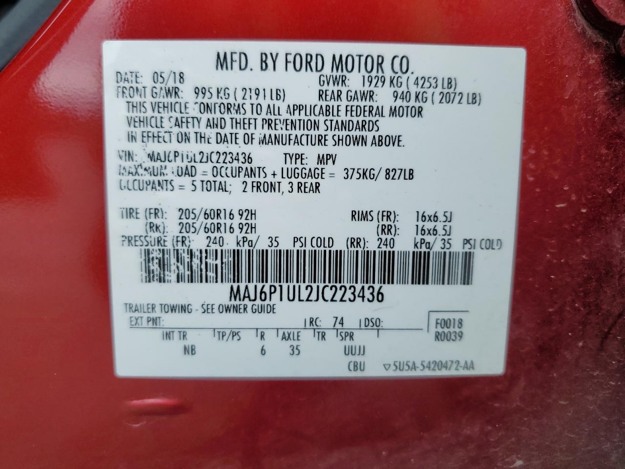 2018 Ford Ecosport Se VIN: MAJ6P1UL2JC223436 Lot: 57085615