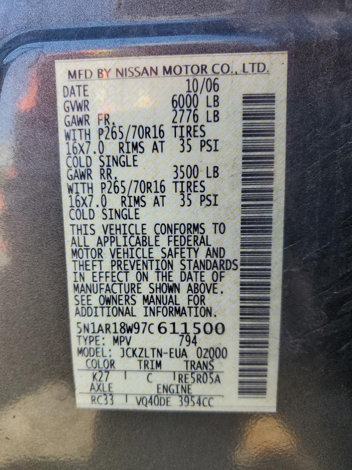 2007 Nissan Pathfinder Le VIN: 5N1AR18W97C611500 Lot: 55975945