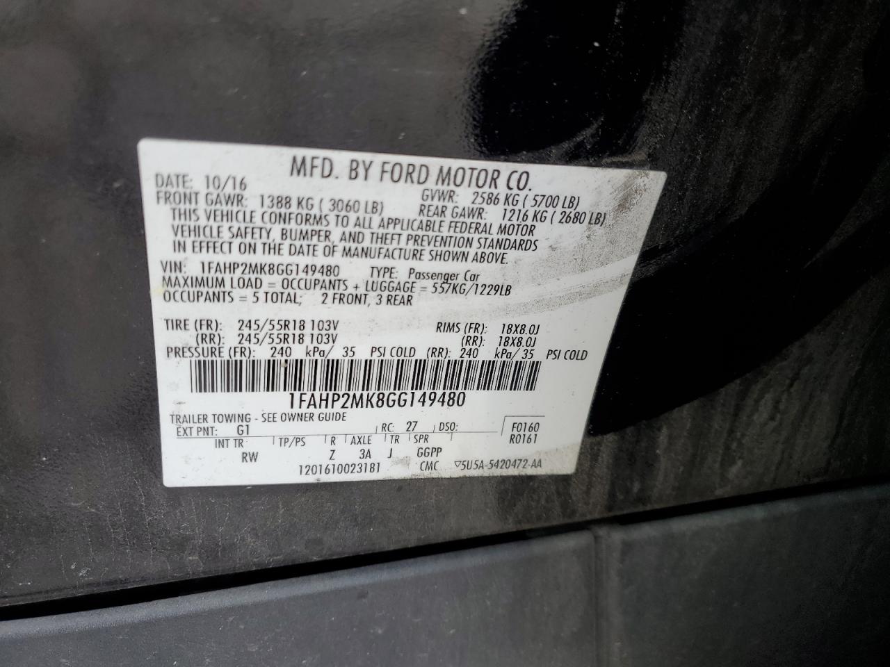 1FAHP2MK8GG149480 FORD TAURUS 2016