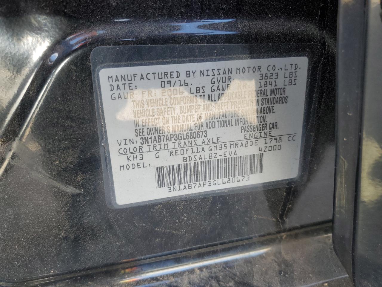 2016 Nissan Sentra S VIN: 3N1AB7AP3GL680673 Lot: 56771925