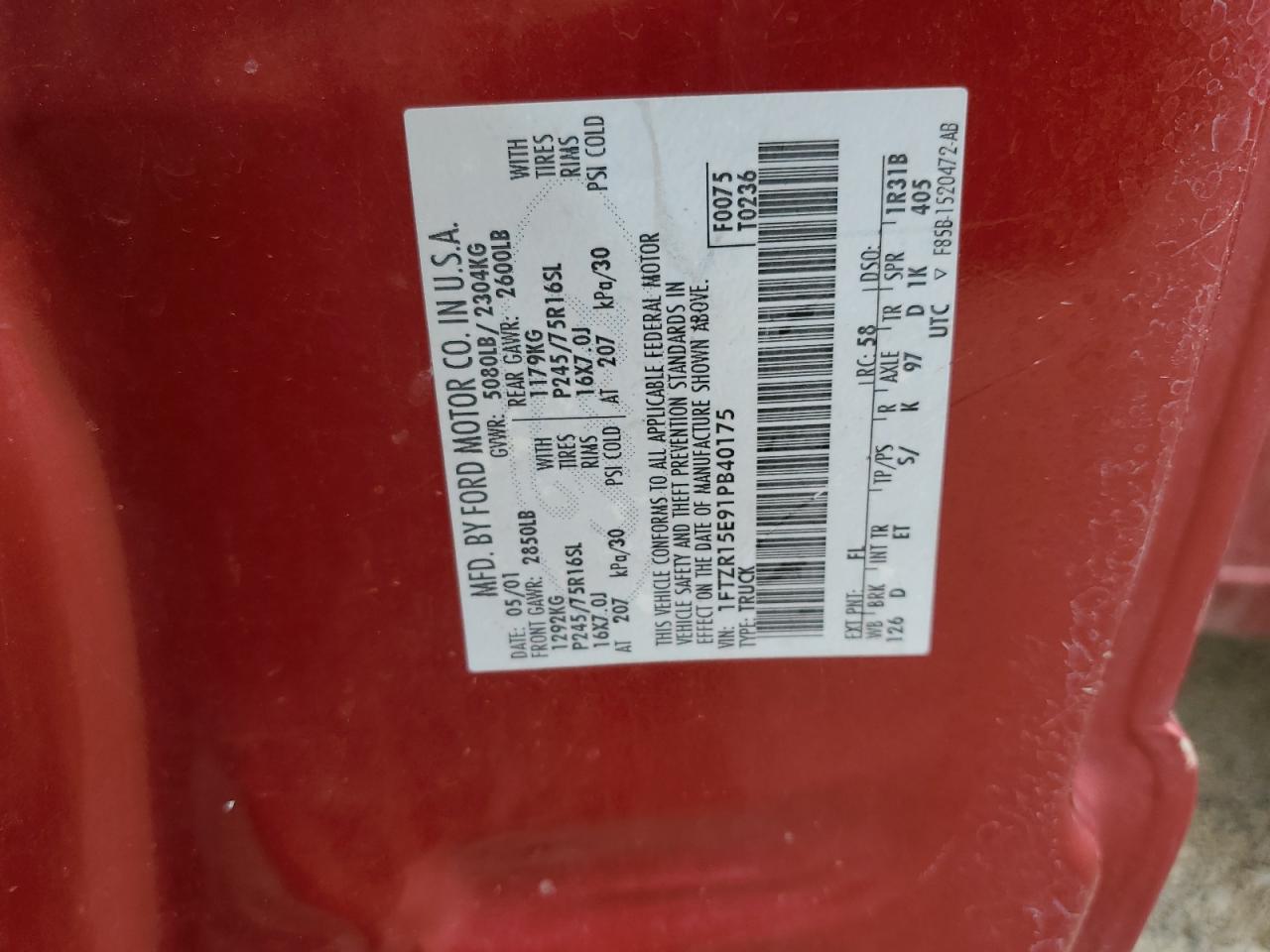 2001 Ford Ranger Super Cab VIN: 1FTZR15E91PB40175 Lot: 58261215