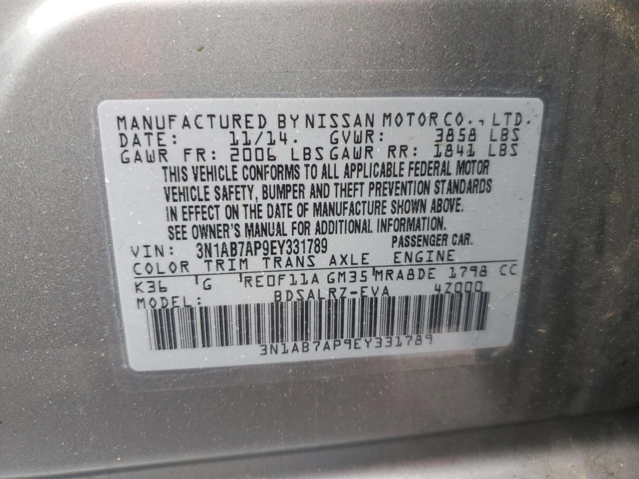 2014 Nissan Sentra S VIN: 3N1AB7AP9EY331789 Lot: 57054725