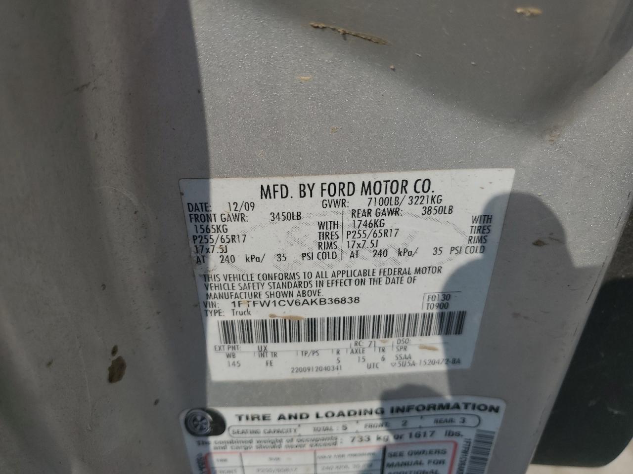2010 Ford F150 Supercrew VIN: 1FTFW1CV6AKB36838 Lot: 56867815