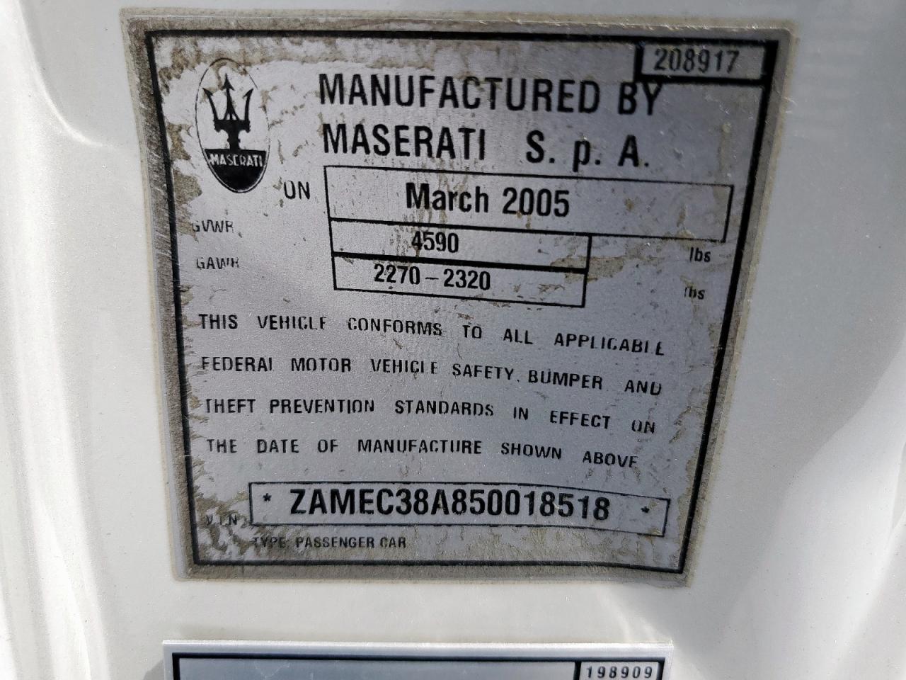 2005 Maserati Gransport VIN: ZAMEC38A850018518 Lot: 57984695