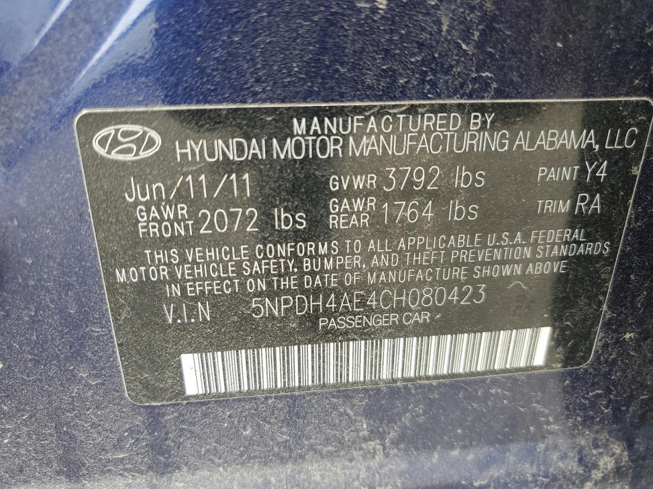 2012 Hyundai Elantra Gls VIN: 5NPDH4AE4CH080423 Lot: 57577585